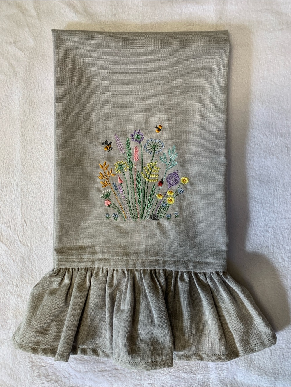 Hand-Embroidered Floral Ruffle Kitchen Towel - Light Gray